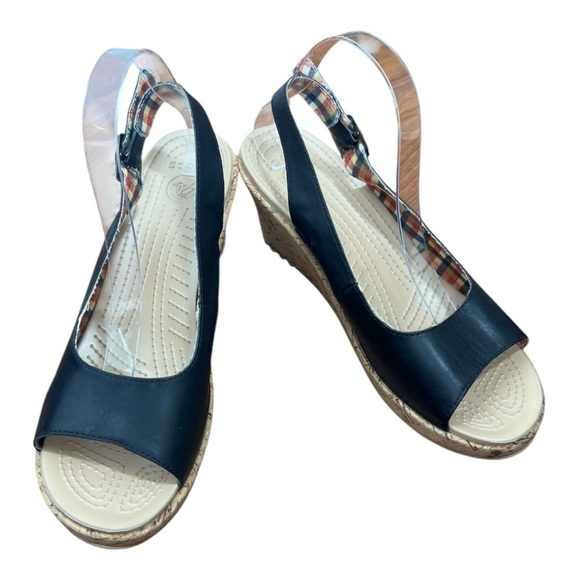 Crocs A-Leigh Sz 11 Leather & Cork Slingback Wedge Sandals Black - Picture 1 of 10